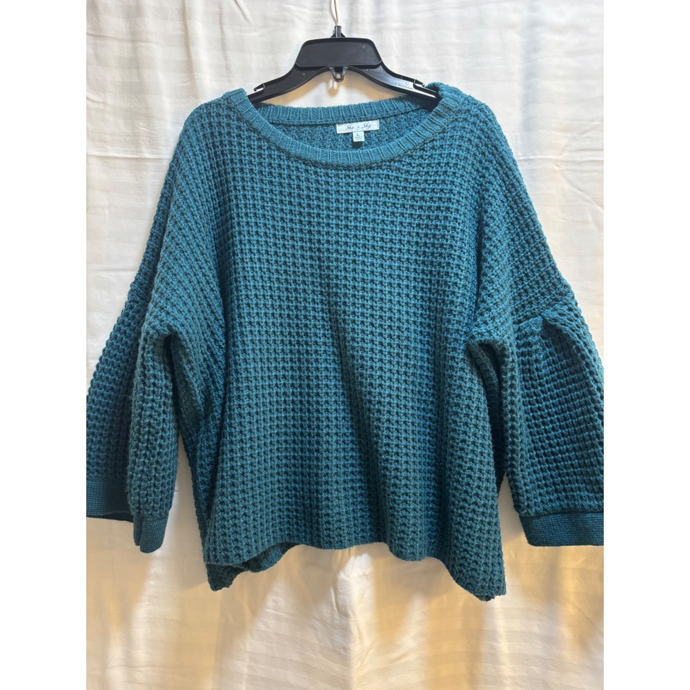 She Sky Teal Waffle Knit Balloon Sleeve Oversized Sweater Top Size L